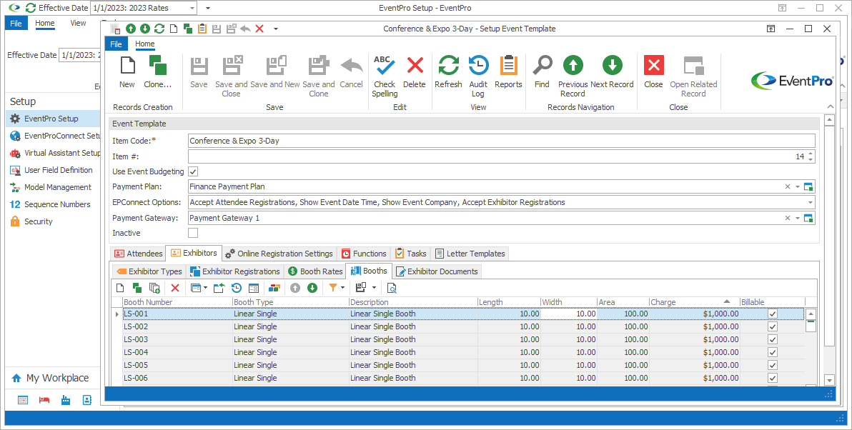 Screenshot of Setup Event Template edit form opened to Exhibitor Booths tab. 