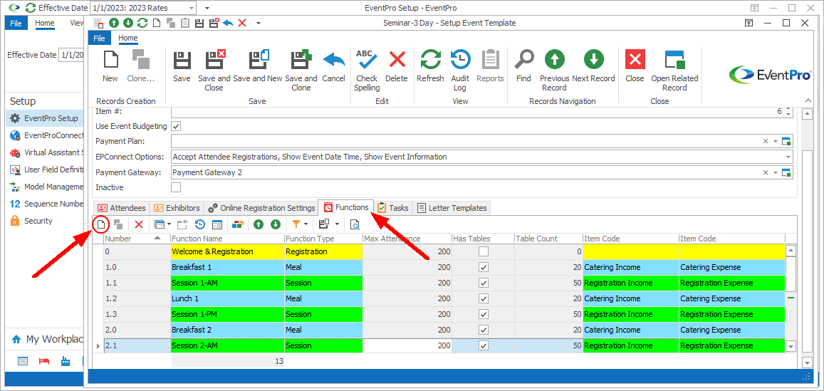 Screenshot of Setup Event Template edit form opened to Functions tab. 