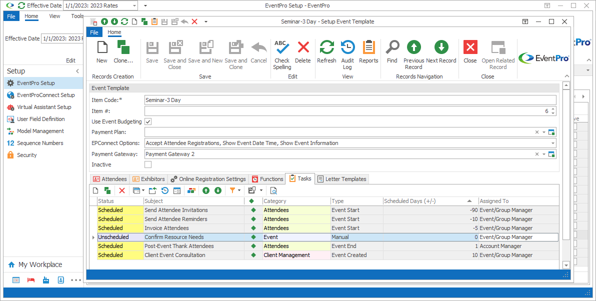 Screenshot of Setup Event Template edit form opened to Tasks tab. 