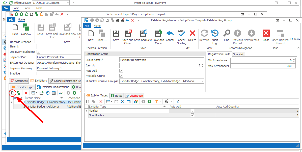 Screenshot of Setup Event Template Exhibitor Reg Group edit form. 
