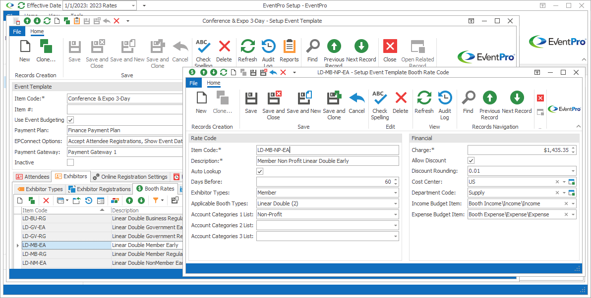 Screenshot of Setup Event Template Booth Rate Code edit form. 
