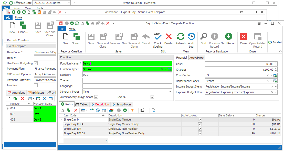 Screenshot of Setup Event Template Function edit form. 
