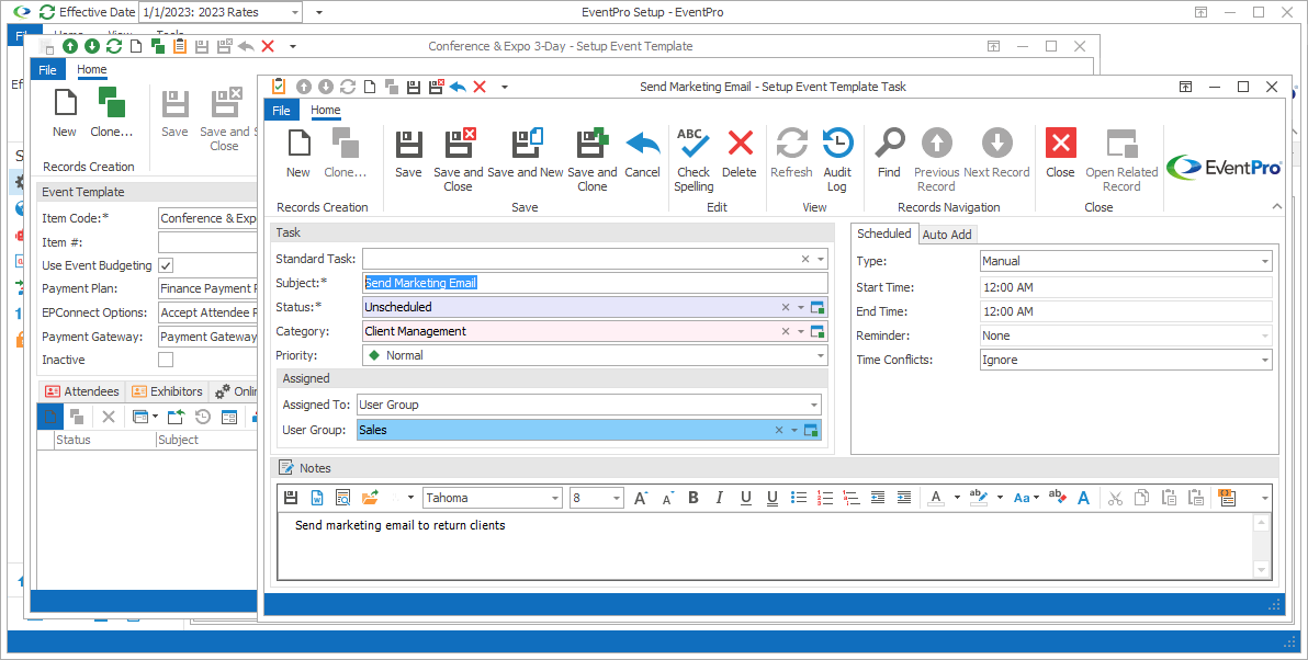 Screenshot of Setup Event Template Task edit form. 