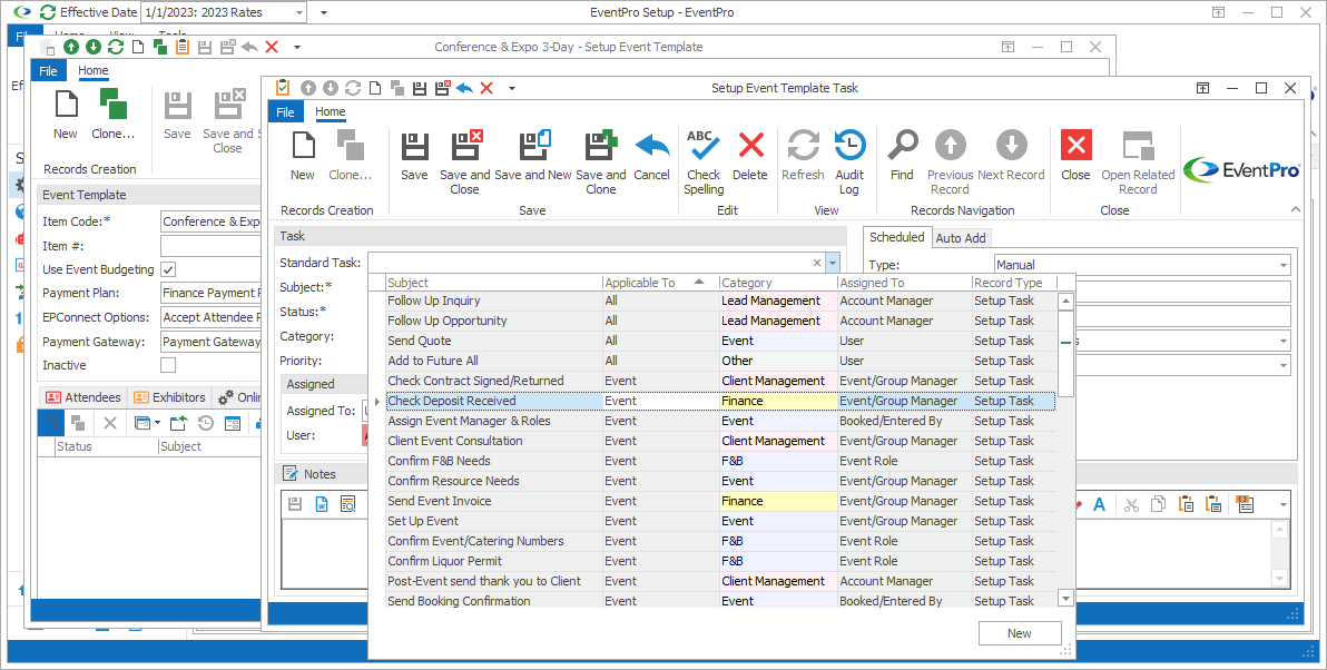 Screenshot of Setup Event Template Task edit form with Standard Task drop-down list displayed. 