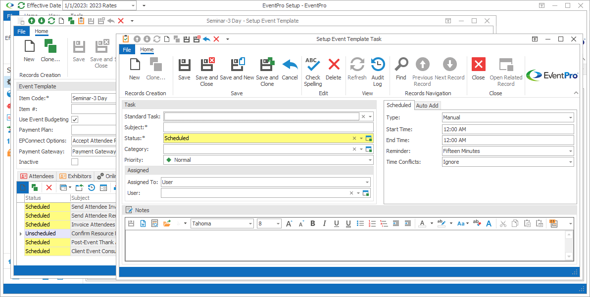Screenshot of Setup Event Template Task edit form. 