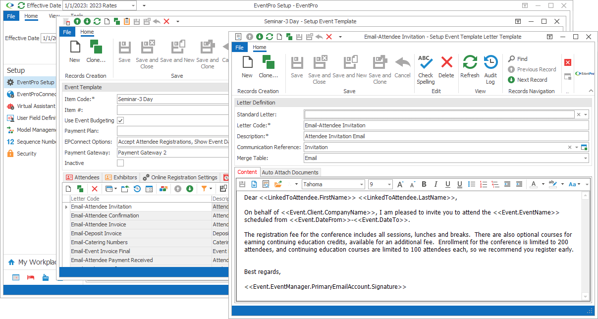 Screenshot of Setup Event Template Letter Template edit form. 