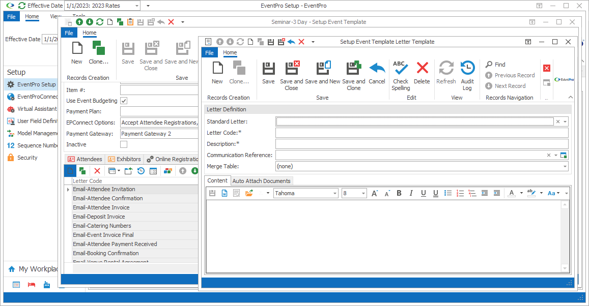 Screenshot of Setup Event Template Letter Template edit form. 