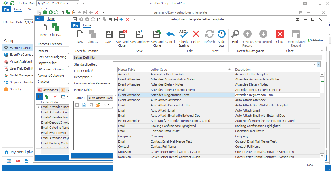 Screenshot of Setup Event Template Letter Template edit form displaying Standard Letter drop-down list. 