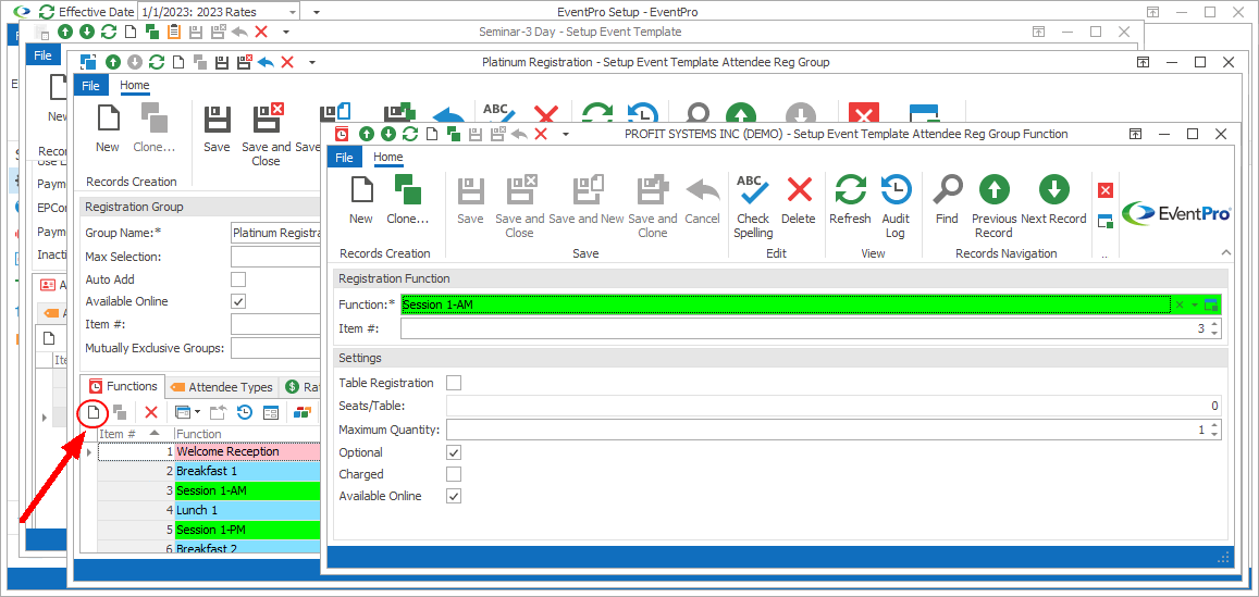 Screenshot of Setup Event Template Attendee Reg Group Function edit form. 