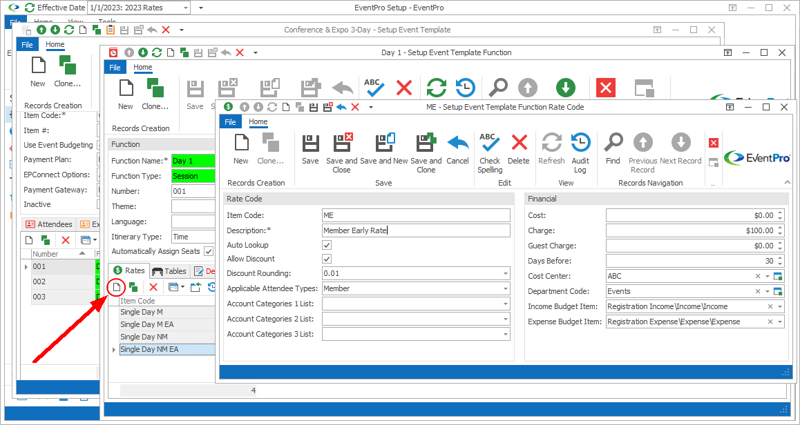 Screenshot of Setup Event Template Function Rate Code edit form. 