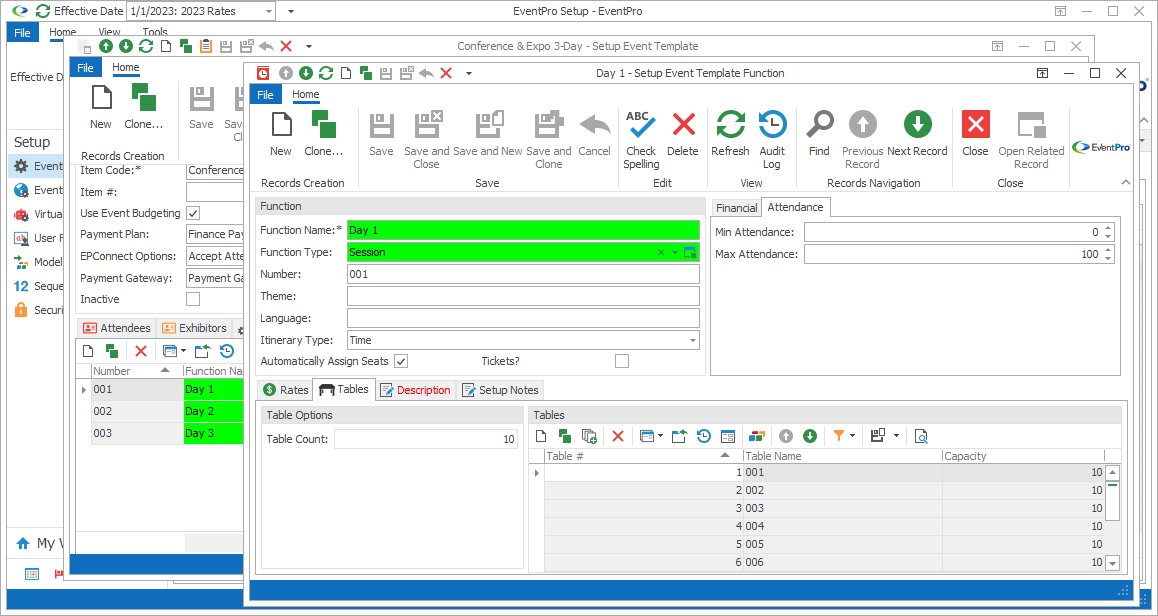 Screenshot of Setup Event Template Function edit form opened to Tables tab. 
