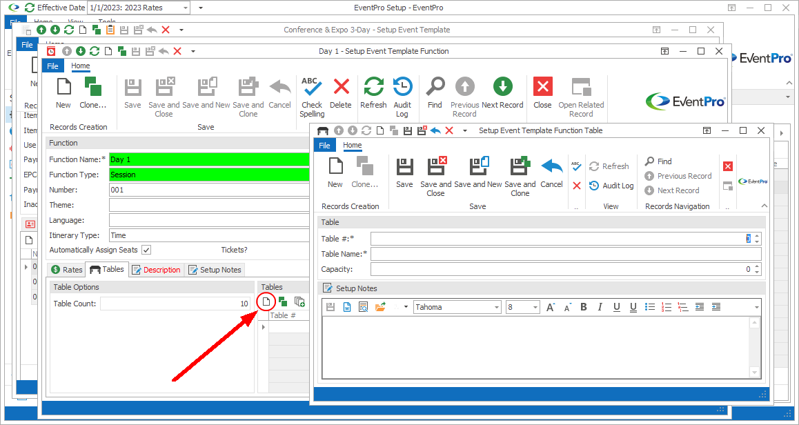 Screenshot of Setup Event Template Function Table edit form. 
