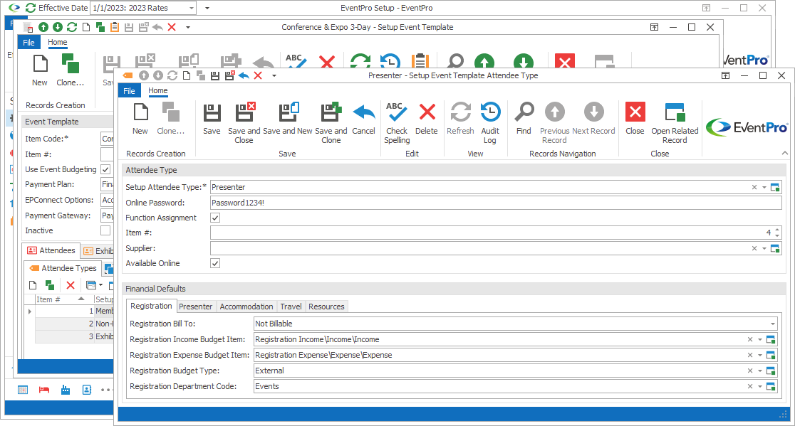 Screenshot of Setup Event Template Attendee Type edit form. 