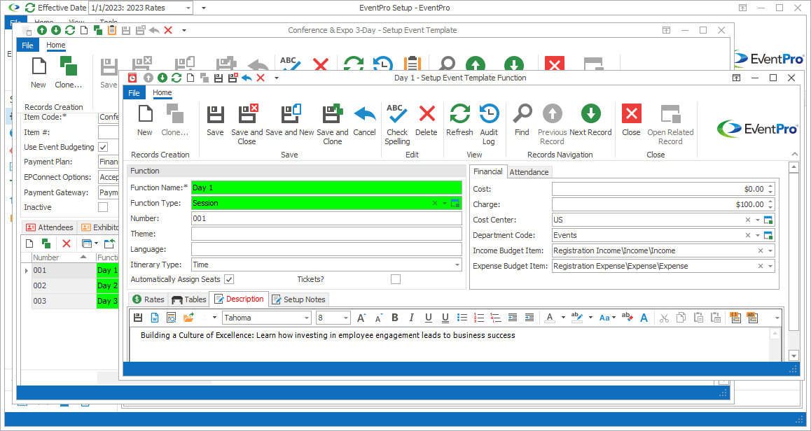 Screenshot of Setup Event Template Function edit form opened to Description tab. 