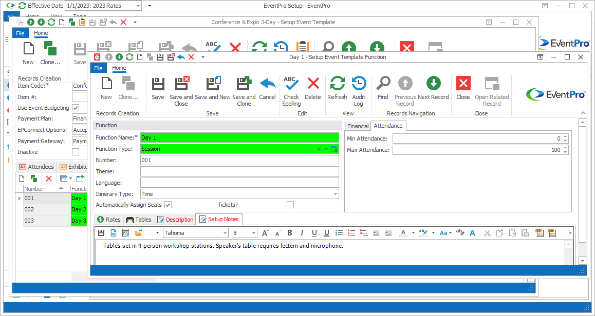 Screenshot of Setup Event Template Function edit form opened to Setup Notes tab. 
