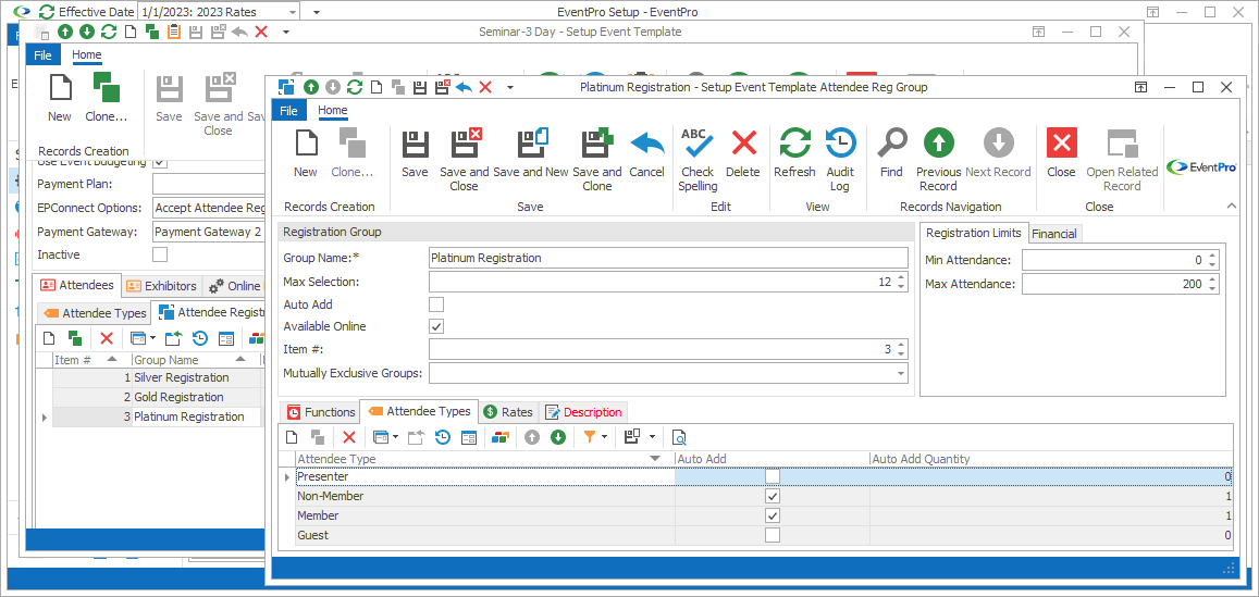 Screenshot of Setup Event Template Attendee Reg Group edit form opened to Attendee Types tab. 