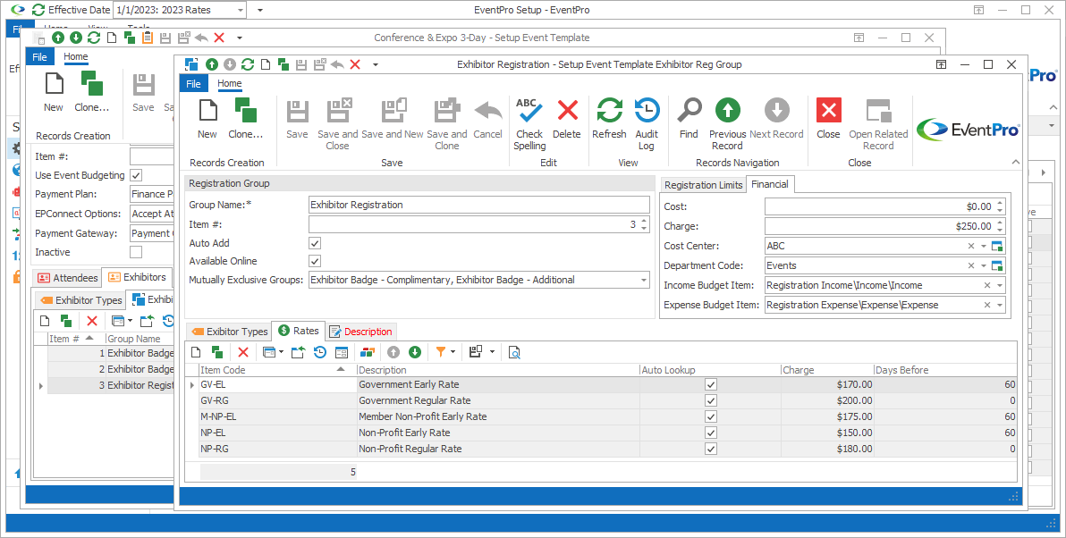 Screenshot of Setup Event Template Attendee Reg Group edit form opened to Financial tab. 