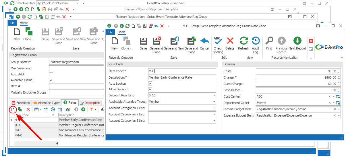 Screenshot of Setup Event Template Attendee Reg Group Rate Code edit form. 