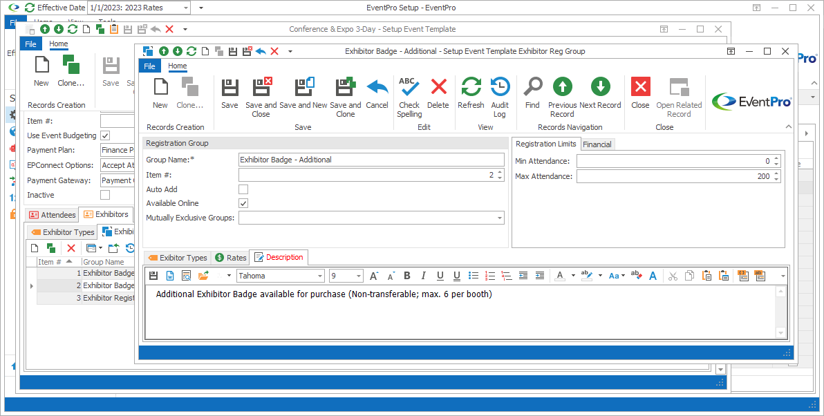 Screenshot of Setup Event Template Attendee Reg Group edit form opened to Description tab. 