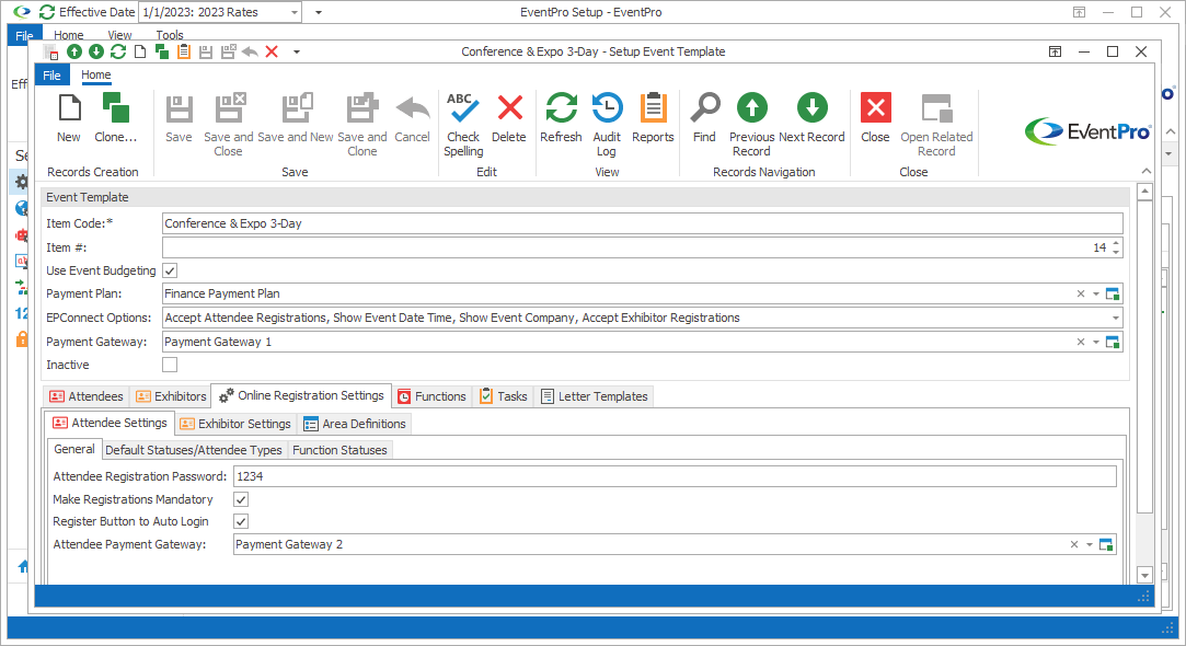 Screenshot of Setup Event Template edit form opened to Online Registration Settings tab. 