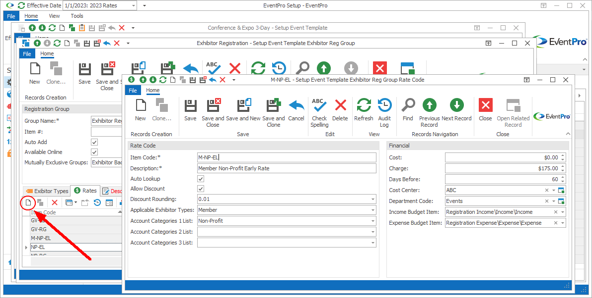 Screenshot of Setup Event Template Exhibitor Reg Group Rate Code edit form. 
