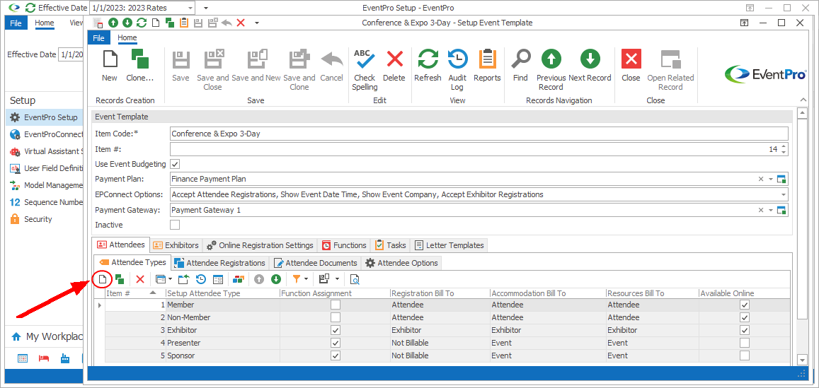 Screenshot of Setup Event Template opened to Attendee Types tab. 