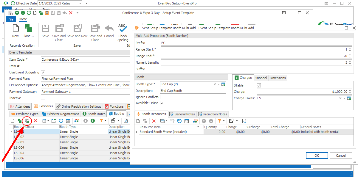 Screenshot of Event Setup Template Booth Multi-Add window. 