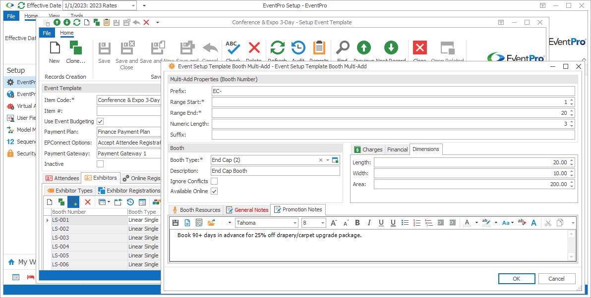 Screenshot of Event Setup Template Booth Multi-Add window opened to Promo Notes tab. 