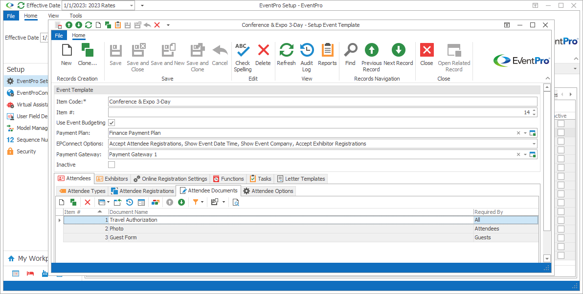 Screenshot of Setup Event Template edit form opened to Attendee Documents tab. 