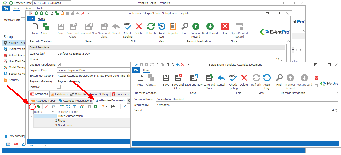 Screenshot of Setup Event Template Attendee Document edit form. 