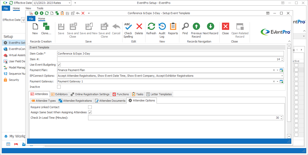 Screenshot of Setup Event Template edit form opened to Attendee Options tab. 