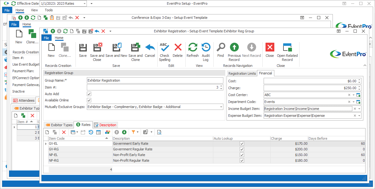 Screenshot of Setup Event Template Exhibitor Reg Group edit form opened to Rates tab. 