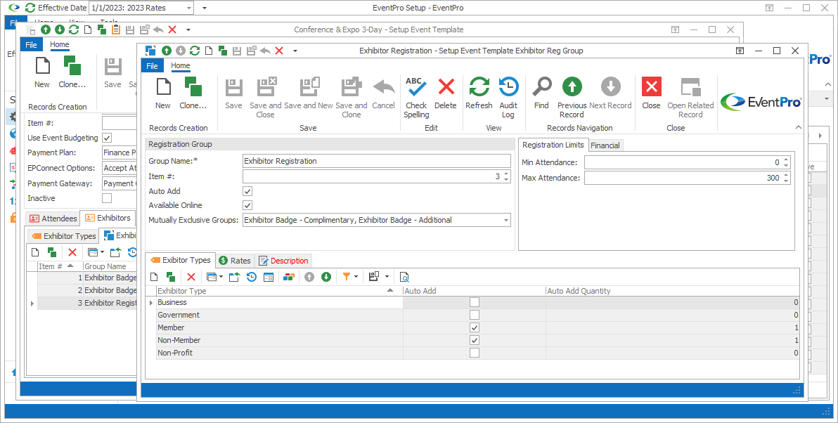 Screenshot of Setup Event Template Exhibitor Reg Group edit form opened to Exhibitor Types tab. 