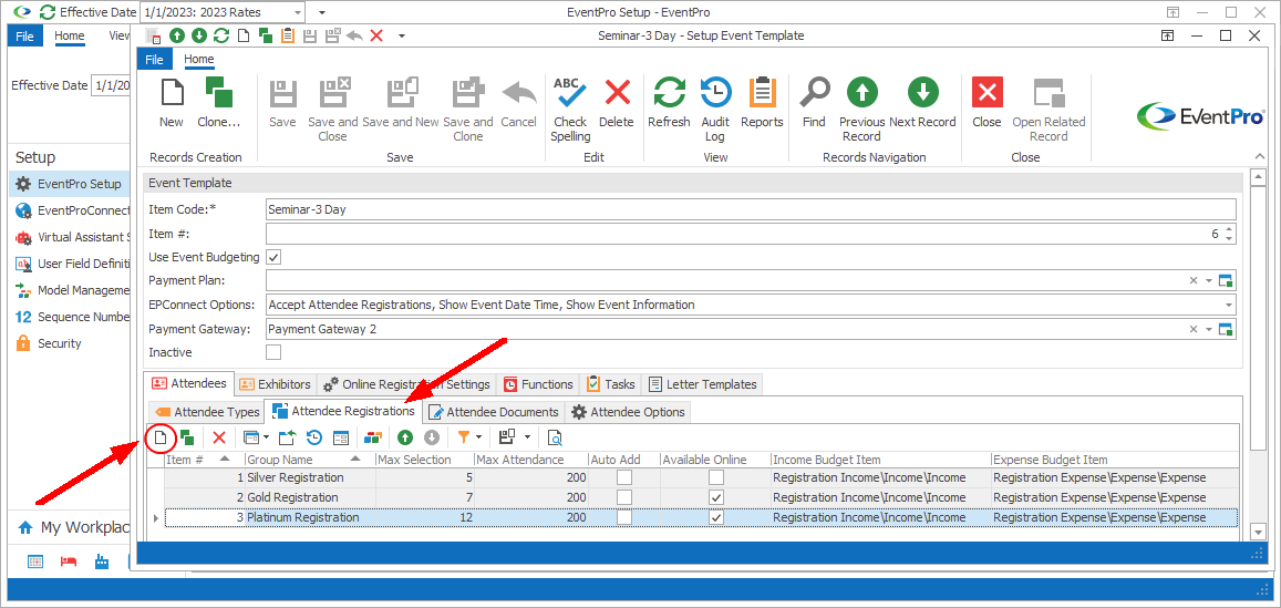 Screenshot of Setup Event Template edit form opened to Attendee Registrations tab. 