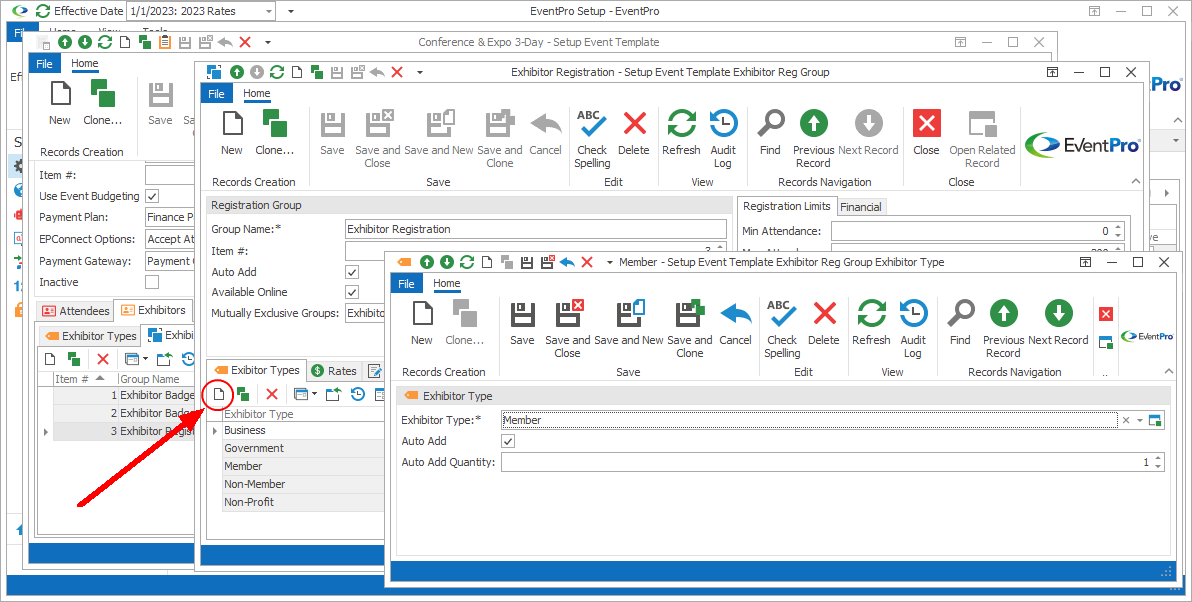 Screenshot of Setup Event Template Exhibitor Reg Group Exhibitor Type edit form. 
