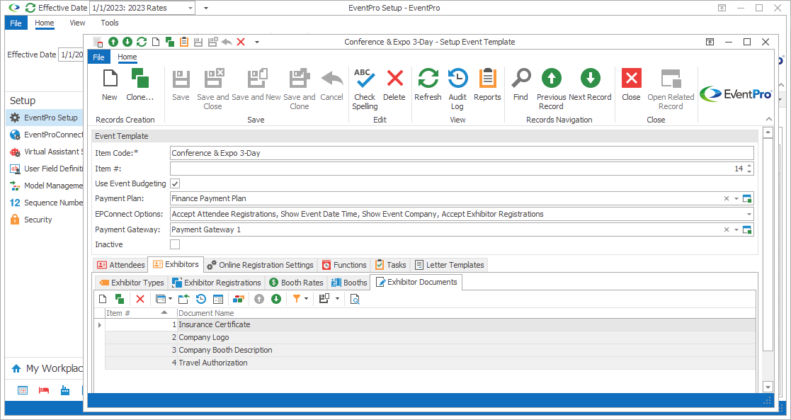 Screenshot of Setup Event Template edit form opened to Exhibitor Documents tab. 