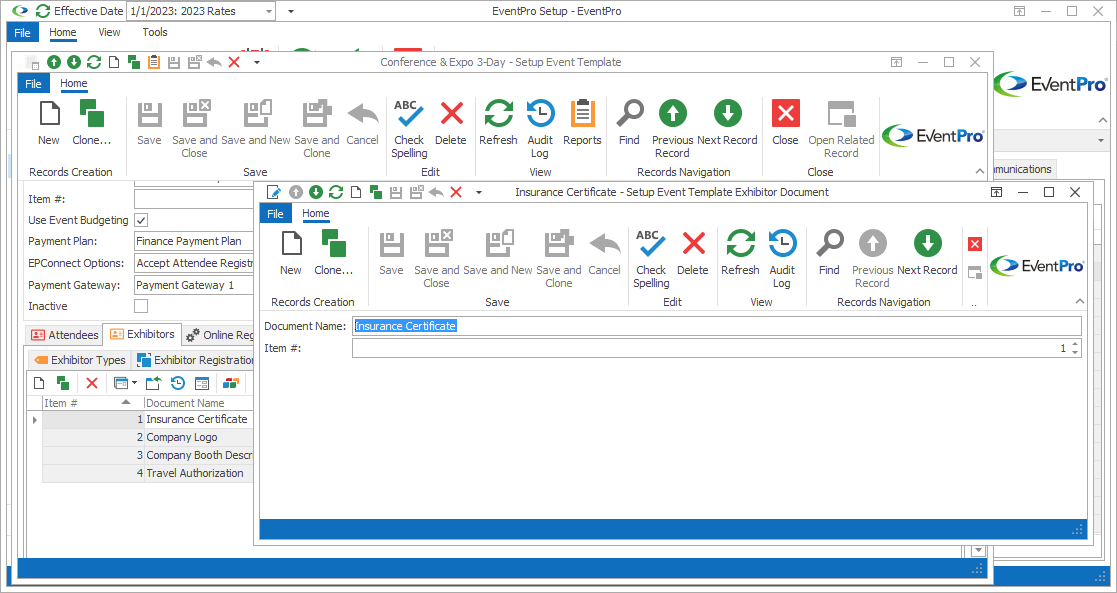 Screenshot of Setup Event Template Exhibitor Document edit form. 
