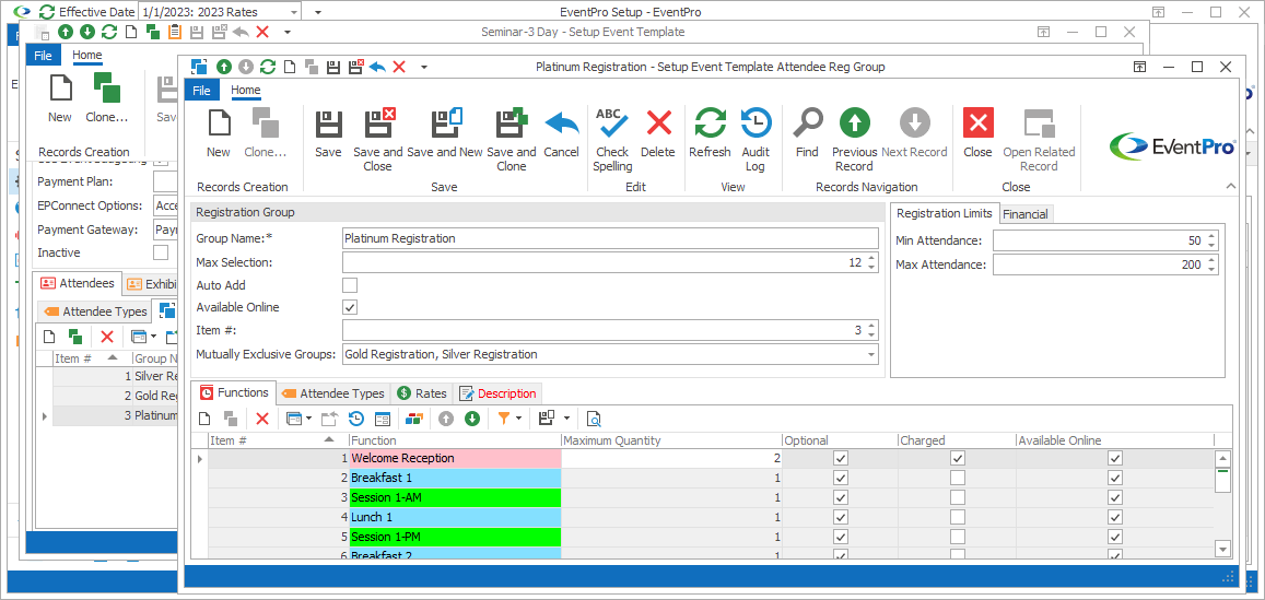 Screenshot of Setup Event Template Attendee Reg Group edit form. 
