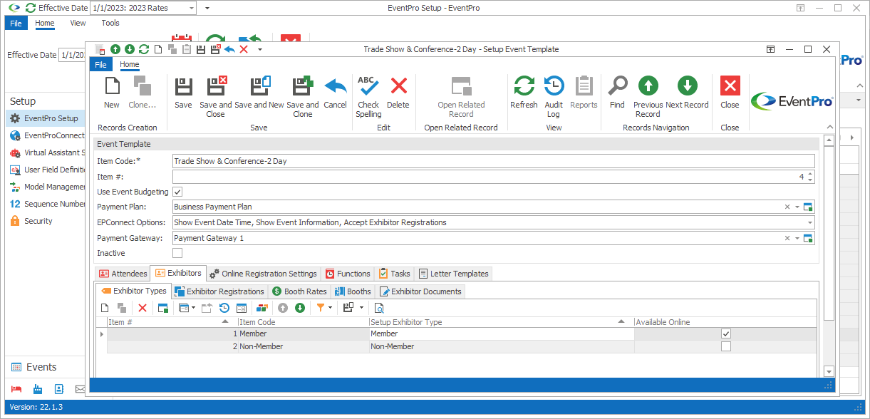 Screenshot of Setup Event Template edit form opened to Exhibitors tab. 
