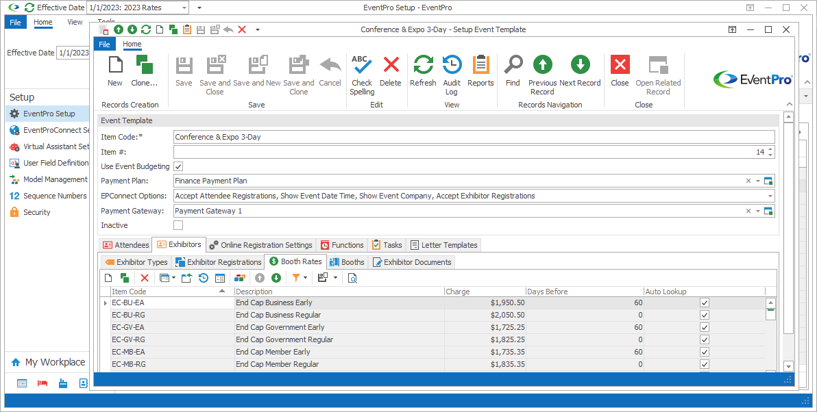 Screenshot of Setup Event Template edit form opened to Exhibitors Booths Rates tab. 