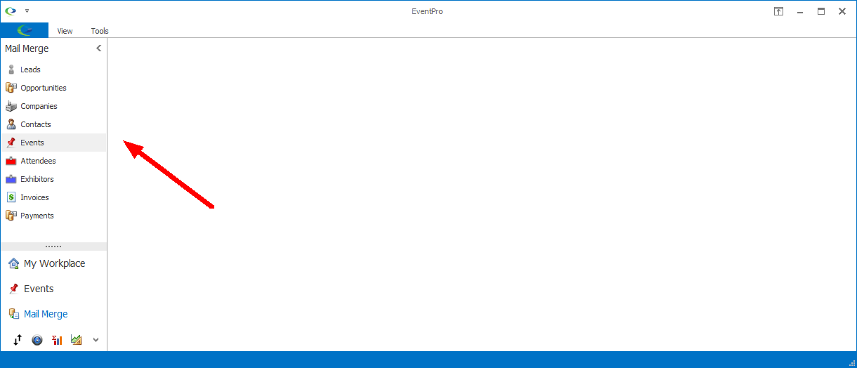 Screenshot of EventPro, pointing to Mail Merge options in navigation panel. 