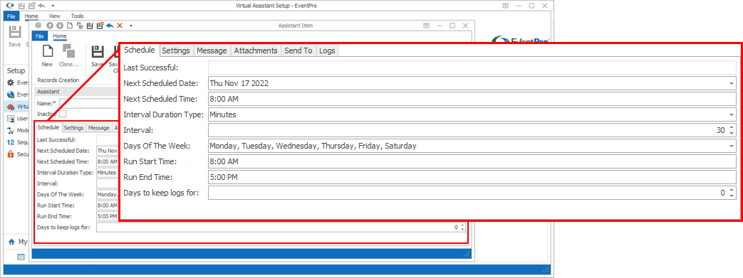 Screenshot of an Assistant edit form, magnifying the Schedule tab. 
