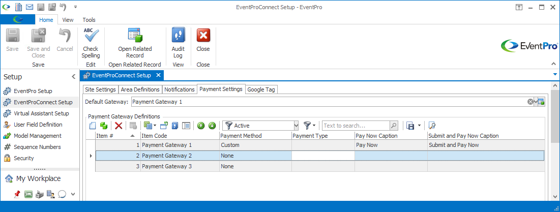 EPConnect Setup, Payment Settings Tab