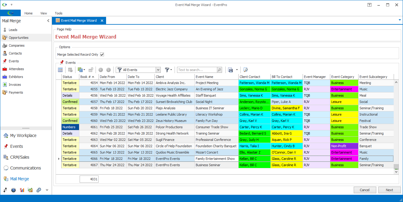 Screenshot of first page of Event Mail Merge Wizard. 