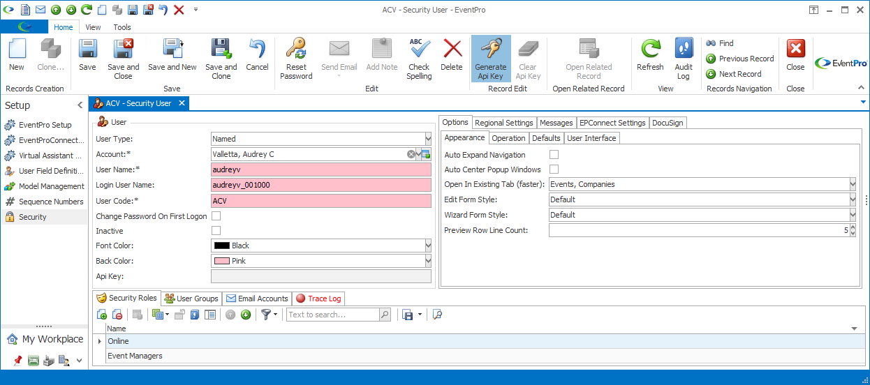 Screenshot of Security User edit form, Generate API Key command
