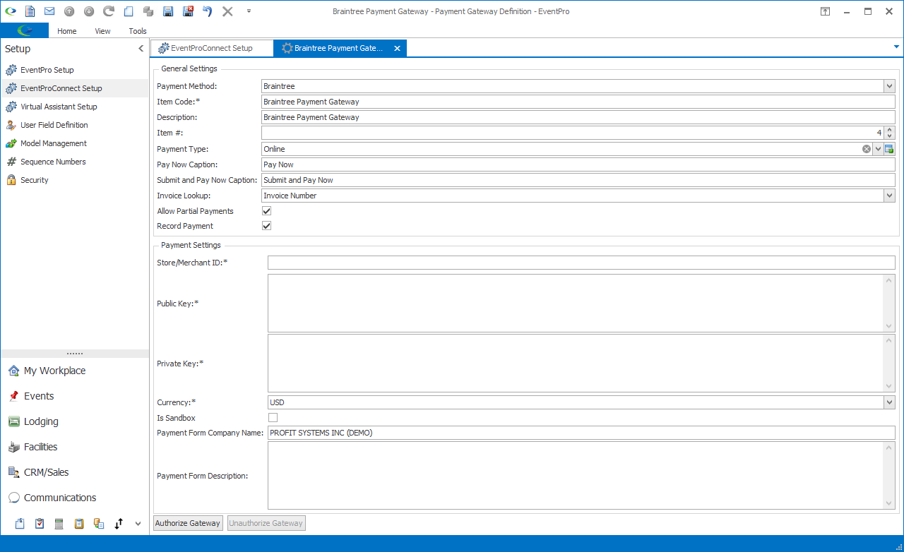 Payment Gateway Definition edit form for Braintree