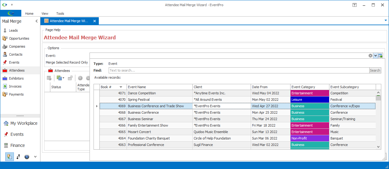 Screenshot of Attendee Mail Merge Wizard, selecting Event from drop-down search. 