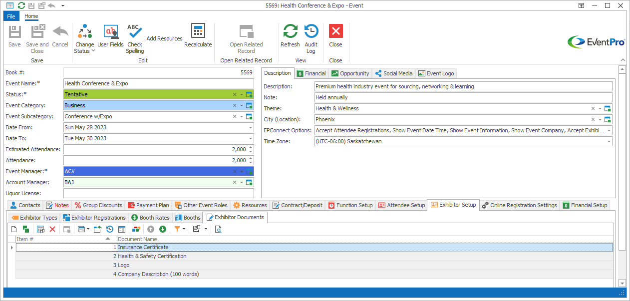Screenshot of Exhibitor Documents tab in Edit Event window. 