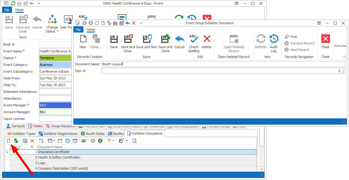 Screenshot of new Event Setup Exhibitor Document edit form opened from Edit Event window. 