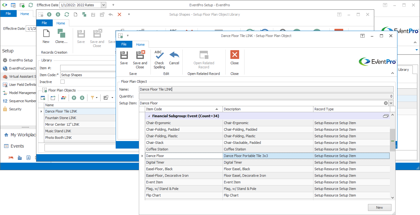 Screenshot of Setup Floor Plan Object, displaying Setup Item drop-down selection. 